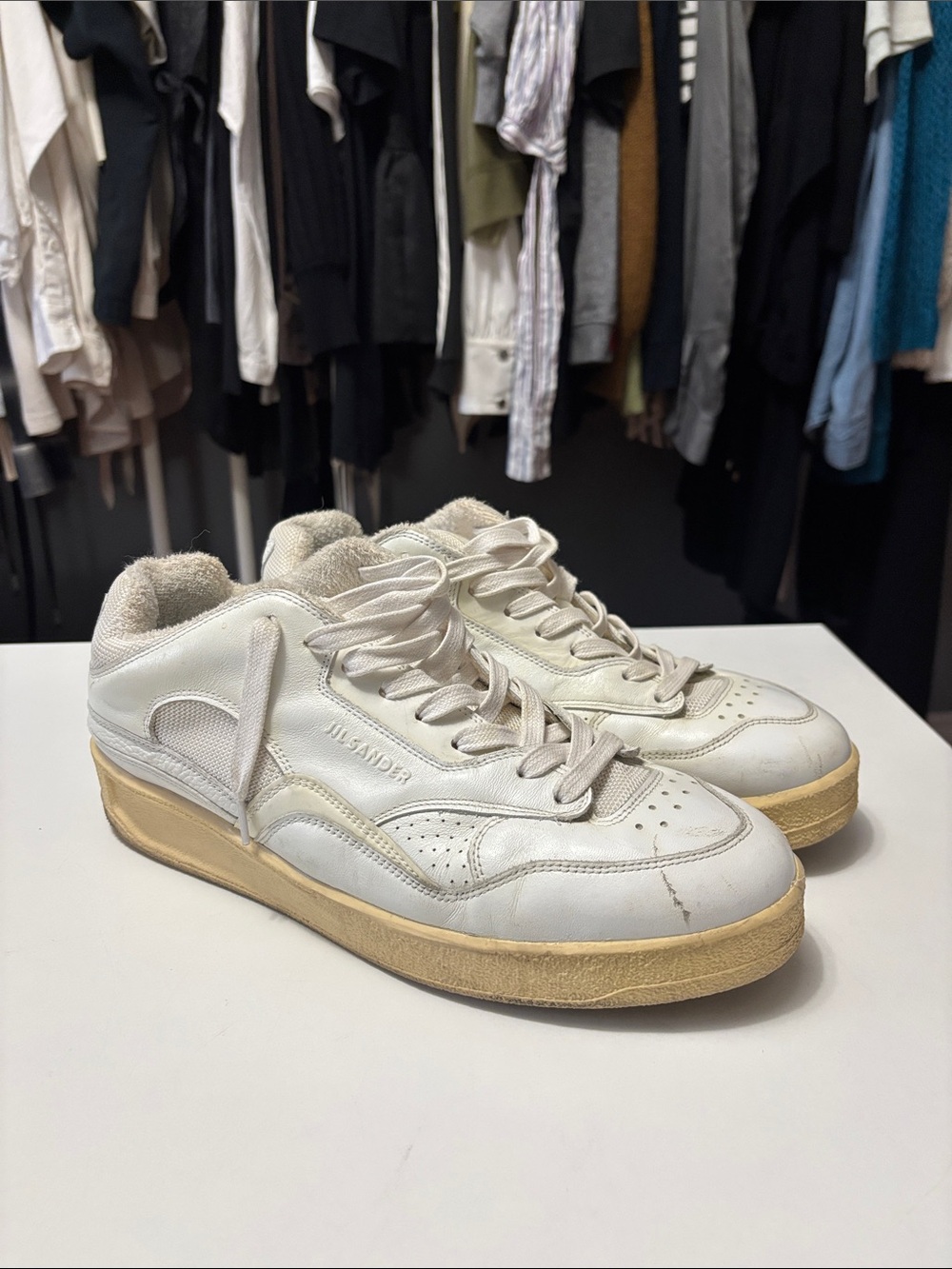 Jil Sander Off-White Leather Low-Top Sneakers with Yellowed Sole